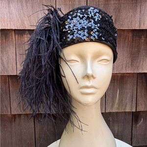 Vintage black wool cap hat flappers sequins ostrich feathers 6 7/8 So Very SF